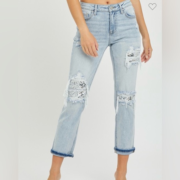 Sequin Patch Mid Rise Risen Jeans NWT - Picture 5 of 5